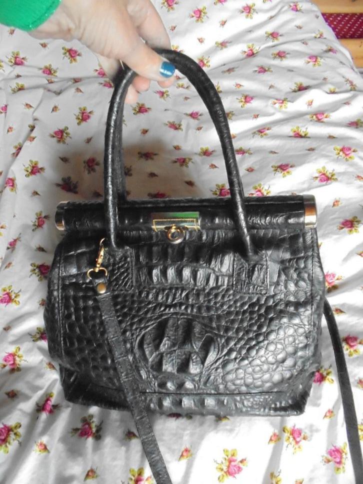 Zwarte vintage lederen handtas croco, Handtassen en Accessoires, Tassen | Damestassen, Zo goed als nieuw, Handtas, Zwart, Ophalen of Verzenden