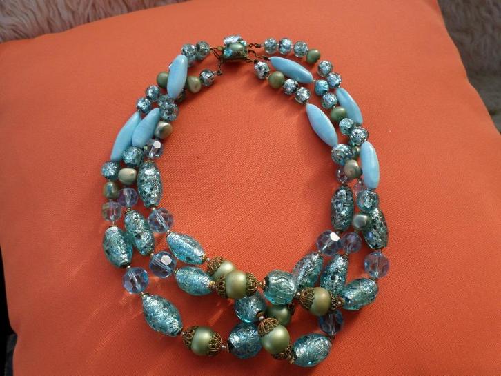 Vintage ketting van Murano Pearl met 3 strengen, Handtassen en Accessoires, Kettingen, Goud, Blauw, Ophalen of Verzenden