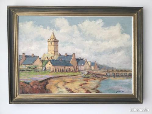 Peinture à l’huile le havre de Portbail en Cotentin, Antiek en Kunst, Kunst | Schilderijen | Klassiek, Ophalen of Verzenden