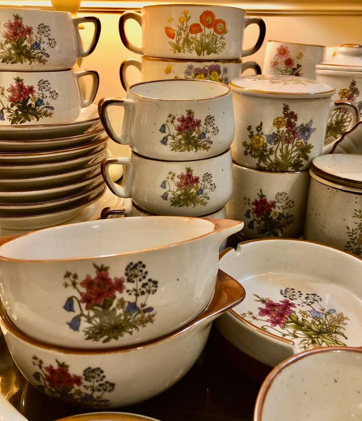 40 STUKS VINTAGE servies met wilde bloemen uit de jaren 70, Antiek en Kunst, Antiek | Servies compleet, Ophalen