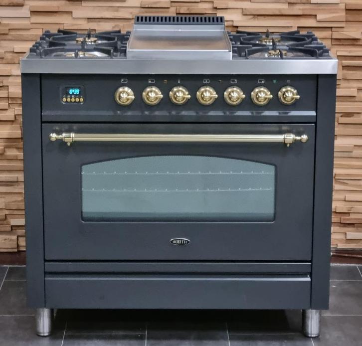 🔥Luxe Fornuis Boretti 90 cm antraciet + messing Frytop, Elektronische apparatuur, Fornuizen, Zo goed als nieuw, Vrijstaand, Gas