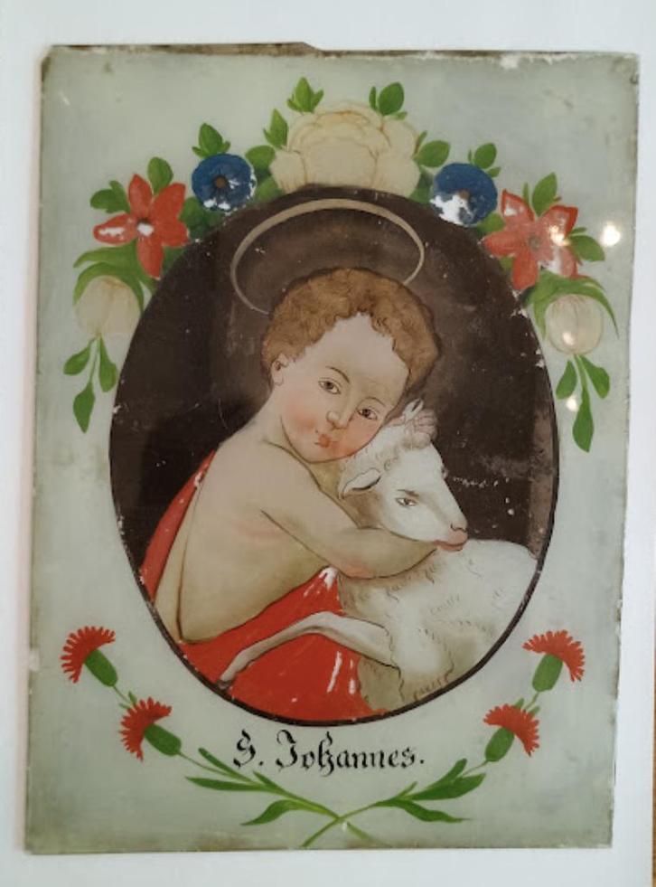 Verre églomisé S. Johannes, 19 de E, achter-glas-schildering, Antiek en Kunst, Curiosa en Brocante, Ophalen of Verzenden