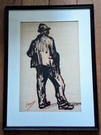 Jos Mous lavis "dokwerker" kader/getekend, Ophalen of Verzenden