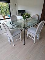 Ovale eettafel met glazen blad en 6 rotan stoelen, Enlèvement, Utilisé