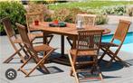 table de jardin + chaises + parasol en teck massif, Ophalen, Gebruikt, Meer dan 8 zitplaatsen, Teakhout