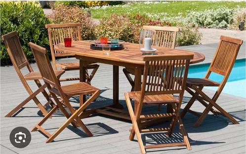 table de jardin + chaises + parasol en teck massif, Tuin en Terras, Tuinsets en Loungesets, Gebruikt, Loungeset, Teakhout, Meer dan 8 zitplaatsen
