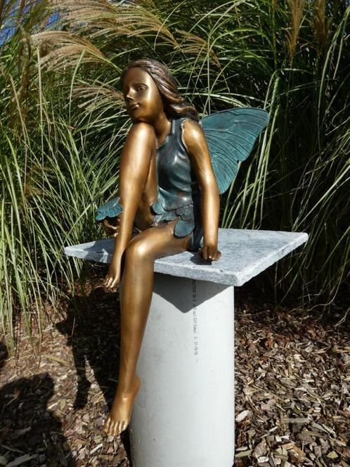 Bronzen elfje met vlinder, ruime keuze bronzen ook op zondag, Jardin & Terrasse, Statues de jardin, Neuf, Ange, Autres matériaux