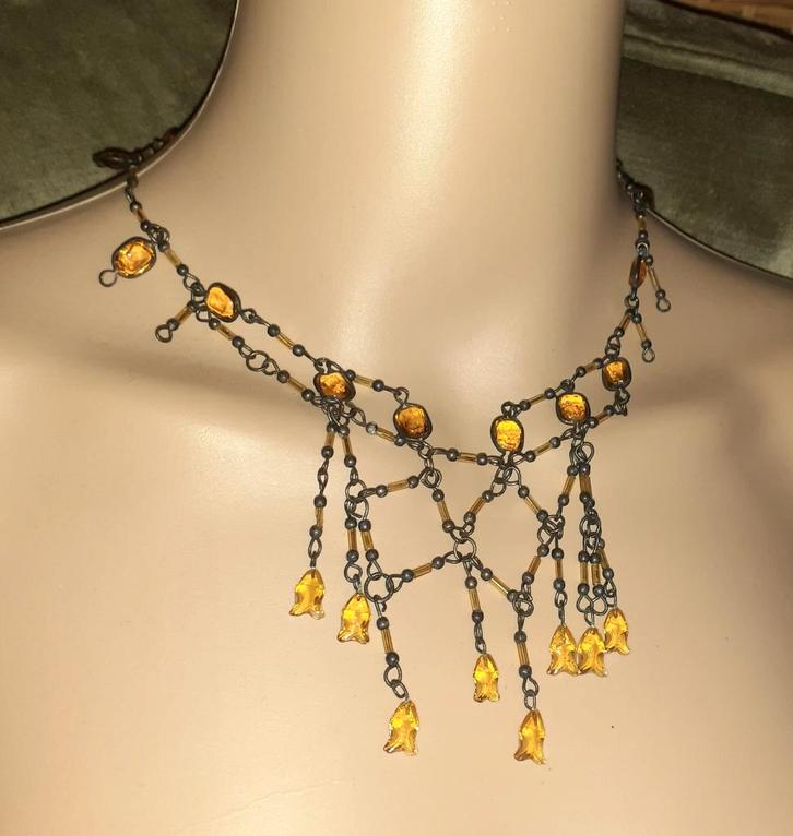 Halsketting vintage art deco met amber, Handtassen en Accessoires, Kettingen, Nieuw, Overige materialen, Oranje, Met edelsteen