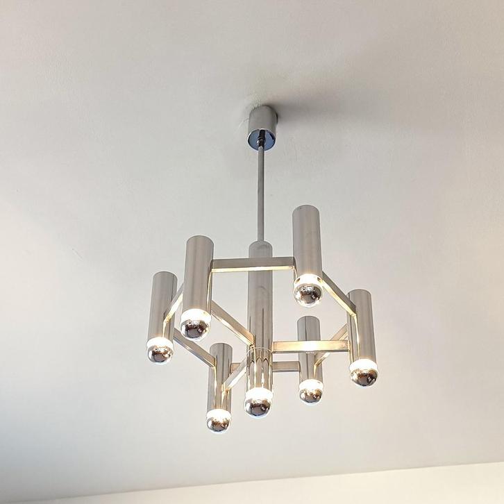 Vintage luster Sciolari – Boulanger in chroom, Huis en Inrichting, Lampen | Kroonluchters, Gebruikt, Metaal, Ophalen