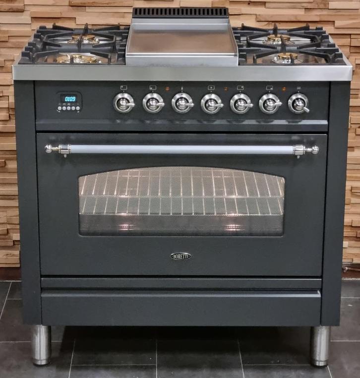 🔥Luxe Fornuis Boretti 90 cm antraciet rvs GASOVEN frytop, Elektronische apparatuur, Fornuizen, Zo goed als nieuw, Vrijstaand