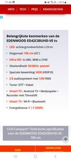 Smart tv 4k edenwood 42 inch, TV, Hi-fi & Vidéo, Télévisions, Autres marques, Comme neuf, Enlèvement, 4k (UHD)