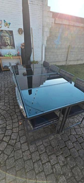 Tuinset 8 personen met glazen tafelbladen., Tuin en Terras, Tuinsets en Loungesets, Zo goed als nieuw, Tuinset, Ophalen