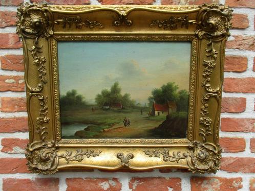 Vlaamse school 19 eeuw ,Landschap met personages , paneel, Antiek en Kunst, Kunst | Schilderijen | Klassiek, Ophalen of Verzenden