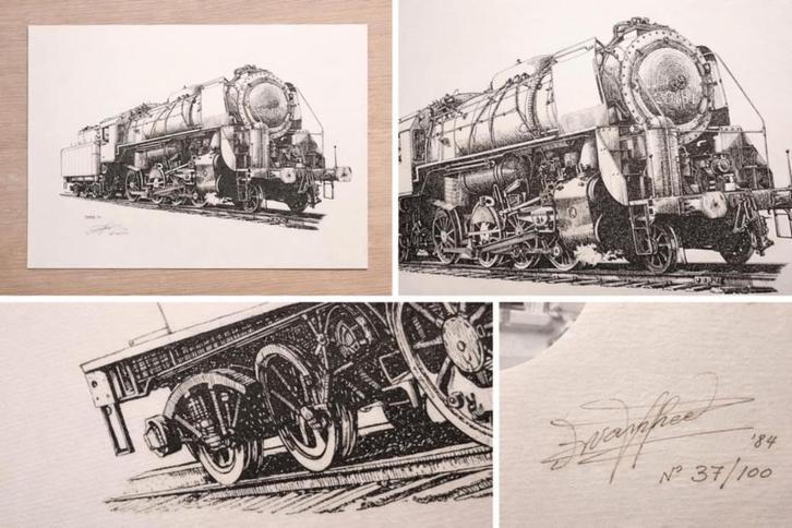 Originele ets/gravure NMBS stoomlocomotief- F.Vanhee (1984), Antiek en Kunst, Kunst | Etsen en Gravures, Ophalen