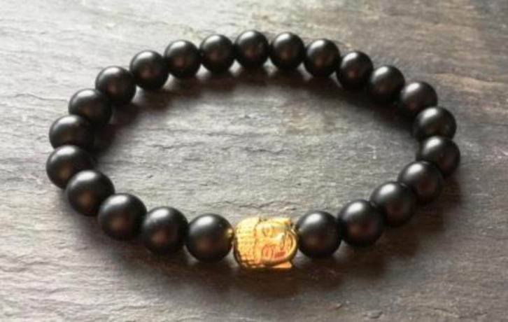 Armband van matte Onyx met Boeddha-kraal, Handtassen en Accessoires, Armbanden, Nieuw, Elastiek, Zwart, Ophalen of Verzenden