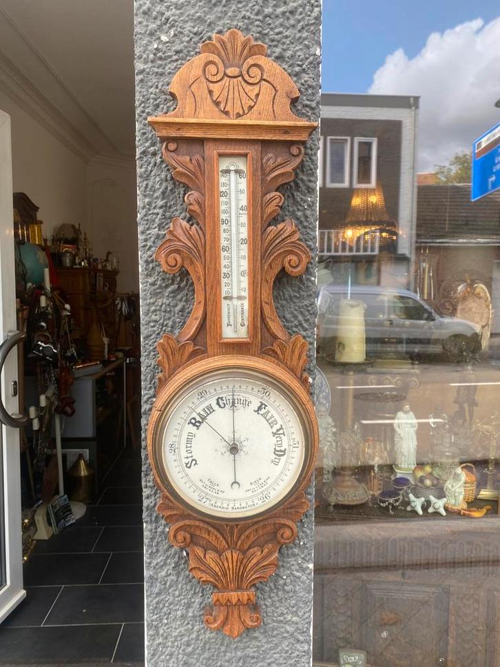 Antieke Barometer met Thermometer eiken aneroïde barometer, Antiek en Kunst, Antiek | Klokken, Ophalen of Verzenden