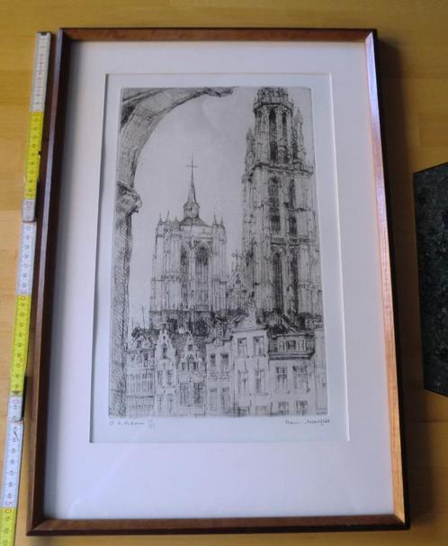 Ets Romain Malfliet - Antwerpen kathedraal., Antiek en Kunst, Kunst | Etsen en Gravures, Ophalen