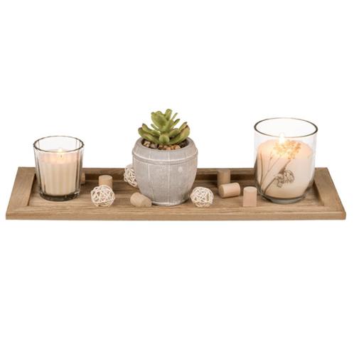 decoratie - houten plankje met 2 kaarsen & kunstplantje, Maison & Meubles, Accessoires pour la Maison | Bougeoirs & Bougies, Neuf