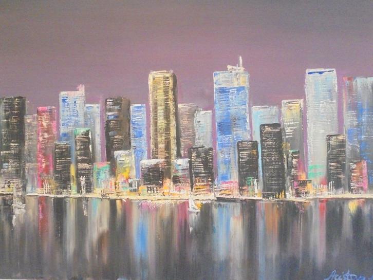 olieschilderij Manhattan by night (60x80cm), Antiek en Kunst, Kunst | Schilderijen | Modern, Ophalen of Verzenden