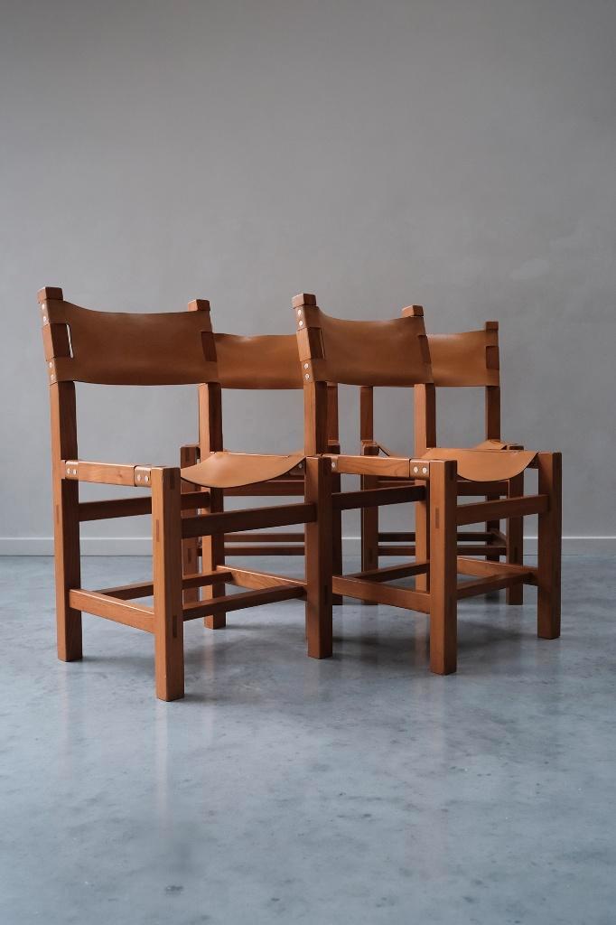 Maison Regain – set van 4 brutalistische stoelen, Huis en Inrichting, Stoelen, Gebruikt, Vier, Hout, Leer, Metaal, Ophalen