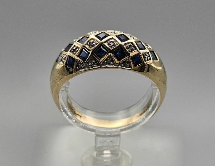 Gouden Vintage ring edelsteen saffier en diamant. 2024/483., Handtassen en Accessoires, Antieke sieraden, Ring, Goud, Met edelsteen