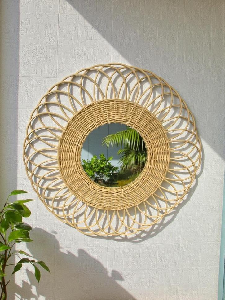 Ronde bohemian wandspiegel / rieten spiegel, Huis en Inrichting, Woonaccessoires | Spiegels, Ophalen of Verzenden