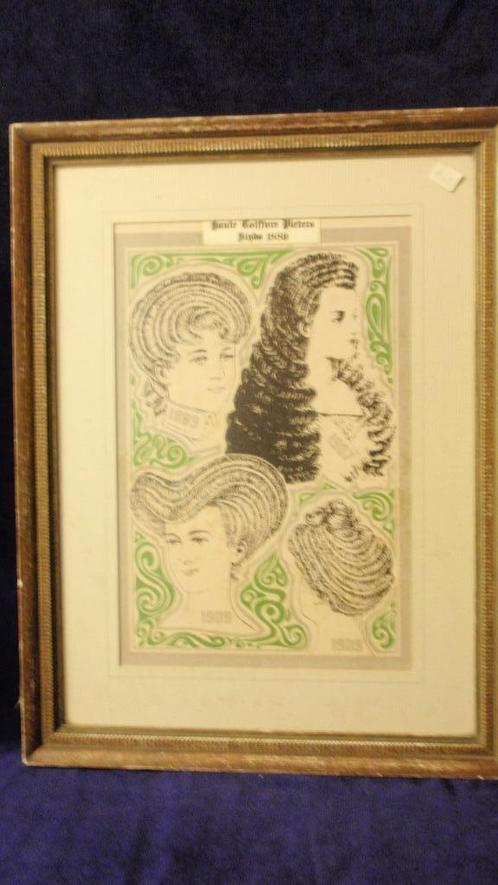Oude Art Nouveau print haarkapsels 1889 en 1909 in kader, Antiek en Kunst, Kunst | Etsen en Gravures, Ophalen of Verzenden