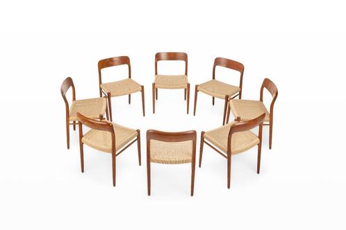 Zes iconische Model 75 stoelen van Niels Otto Møller, Huis en Inrichting, Stoelen, Gebruikt, Vijf, Zes of meer stoelen, Hout, Bruin