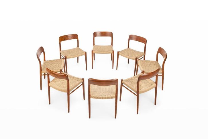 Zes iconische Model 75 stoelen van Niels Otto Møller, Huis en Inrichting, Stoelen, Gebruikt, Vijf, Zes of meer stoelen, Hout, Bruin