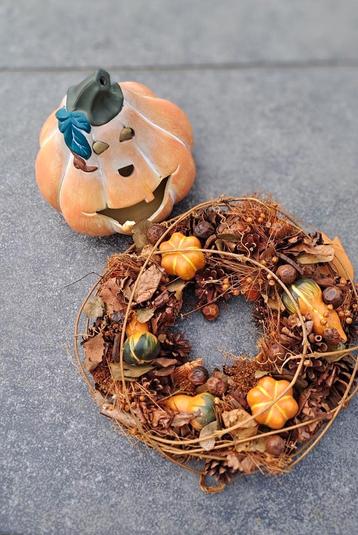 Halloween decoratie krans /stenen pompoen voor theelichtje  beschikbaar voor biedingen