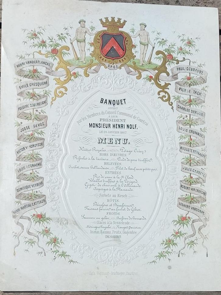 originele unieke menukaart burgemeester Nolf Kortrijk 1867, Verzamelen, Overige Verzamelen, Gebruikt, Ophalen