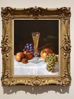 "Stilleven met perziken, appel, druiven, noot en witte wijn", Antiek en Kunst, Verzenden