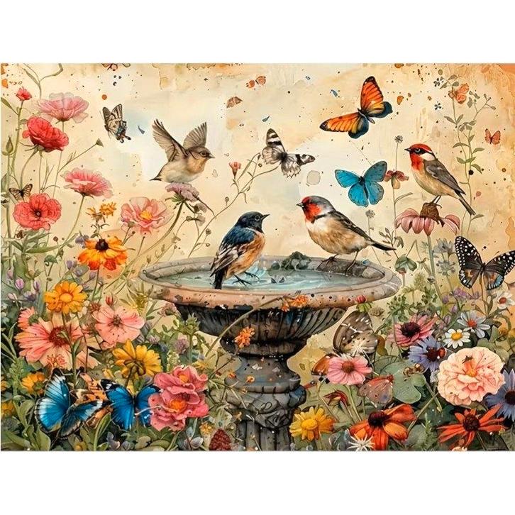 Bain d'oiseaux Diamond Painting avec papillons 50x40cm (carr, Hobby & Loisirs créatifs, Bricolage, Neuf, Bricolage, Enlèvement ou Envoi