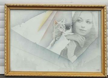 Lithographie femme au chat signe pol mara