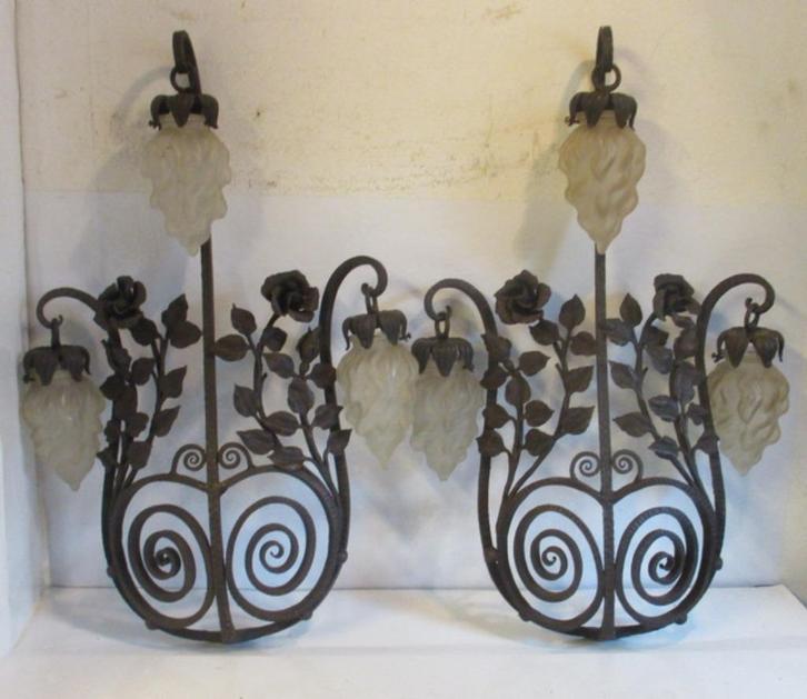 supergrote art deco smeedijzeren wandlampen zes kappen, Antiek en Kunst, Antiek | Verlichting, Ophalen