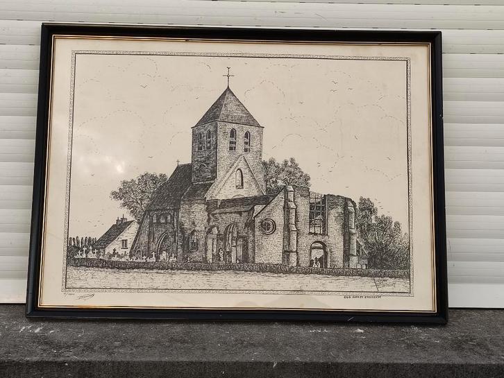 lithographie oud kerkje ettelgem signe deman noel, Antiek en Kunst, Kunst | Litho's en Zeefdrukken, Ophalen of Verzenden