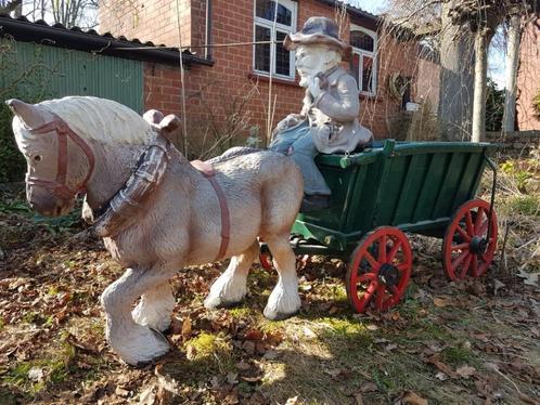 antieke kar met paard en mannetje, Tuin en Terras, Tuinbeelden, Gebruikt, Dierenbeeld, Hout, Ophalen