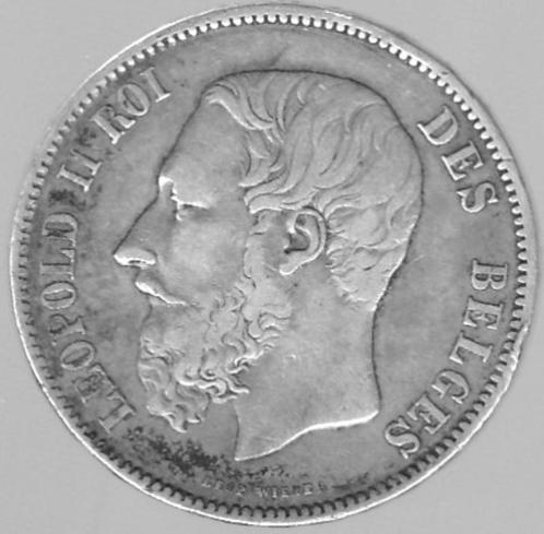 Belgische zilveren munt Leopold II 5Fr 1870, Postzegels en Munten, Munten | België, Losse munt, Zilver, Zilver, Ophalen of Verzenden