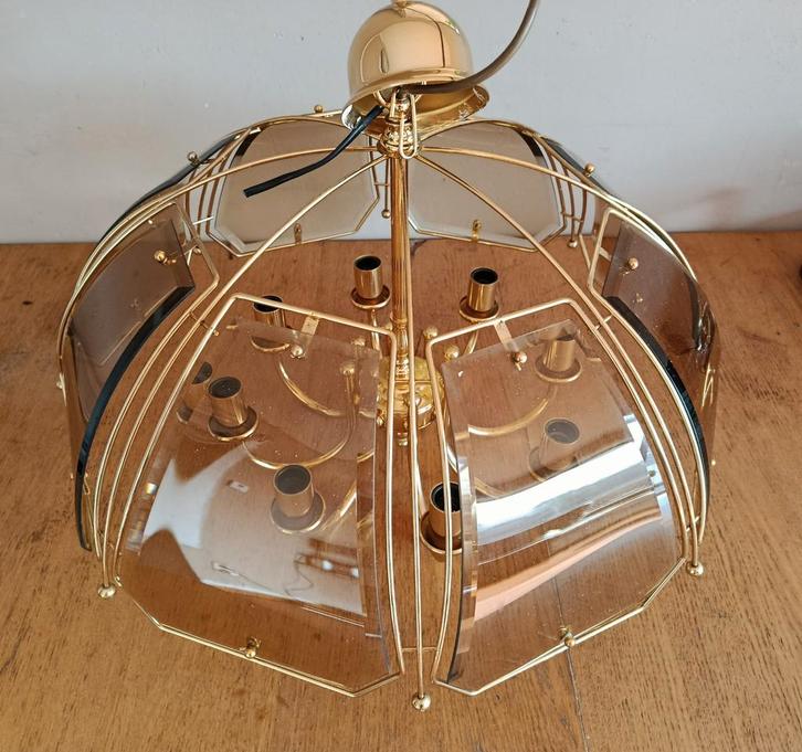 Vintage lamp , geslepen gedempt glas geen schade, Huis en Inrichting, Lampen | Hanglampen, Gebruikt, Metaal, Overige materialen