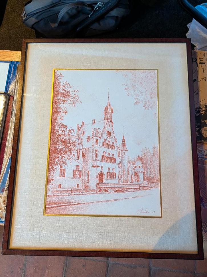 Ingekaderde tekening kasteel Sterkxhof, Luc Verlee, Antiek en Kunst, Kunst | Tekeningen en Fotografie, Ophalen of Verzenden