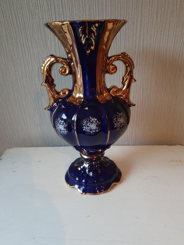 Exclusieve Italiaanse keramieken vaas - kobalt blauw 37 cm, Vintage, Blauw, Ophalen of Verzenden, Zo goed als nieuw
