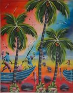 Martin acryl op doek "Vissers Kokosnootbomen en Meeuwen", Antiek en Kunst, Ophalen