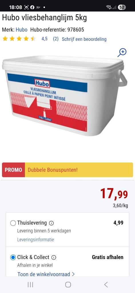 voorgeschilderd glasvlies + vliesbehanglijm (Hubo), Huis en Inrichting, Stoffering | Behang, 10 tot 25 m², Ophalen of Verzenden