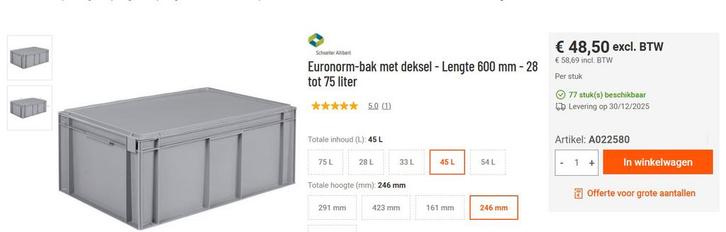 Schoeller Allibert Euronorm-bak met deksel - 45L, Doe-het-zelf en Bouw, Kratten en Dozen, 50 tot 75 cm, Minder dan 35 cm, 40 tot 60 cm