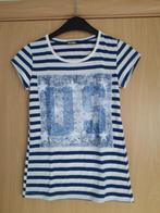 Blauw witte t-shirt maat 152, Comme neuf, Fille, Chemise ou À manches longues, Enlèvement ou Envoi