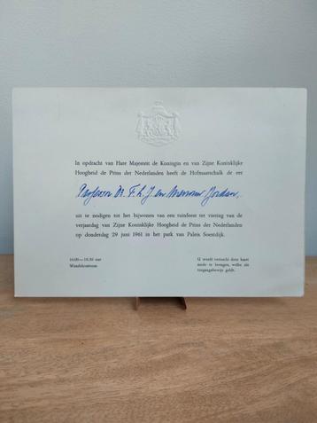 Originele uitnodigingskaart tuinfeest Soestdijk (1961) beschikbaar voor biedingen