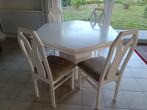 Zeshoekige eettafel met middenpoot + 4 stoelen +3tafelkleden, Ophalen, Épuré, rationnel, original, Zo goed als nieuw, Vijf personen of meer