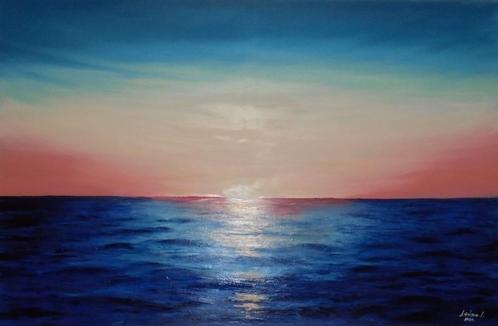 Sea sunset : groot olieschilderij 75x115 cm, Antiek en Kunst, Kunst | Schilderijen | Klassiek, Ophalen of Verzenden