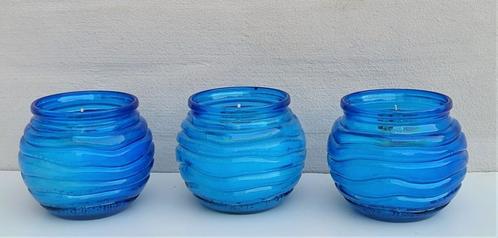 3 blauwe Spaas kaarsen in glas - NIEUW, Maison & Meubles, Accessoires pour la Maison | Bougeoirs & Bougies, Neuf, Bougie, Moins de 25 cm