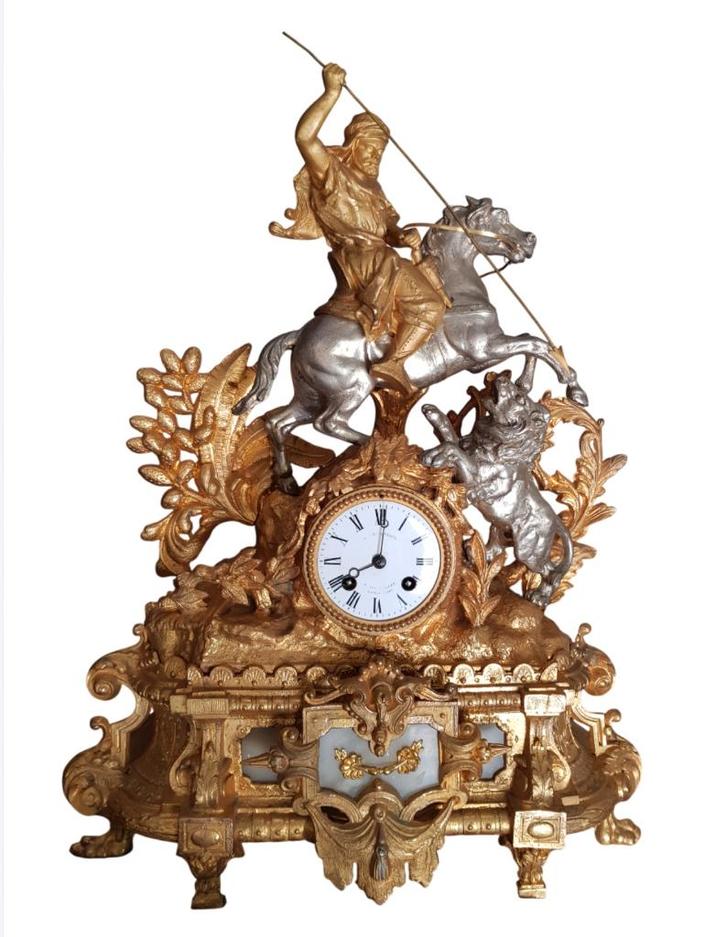 Oriëntalistische klok - Arabische ruiter, leeuwenjacht, Antiek en Kunst, Antiek | Klokken, Verzenden